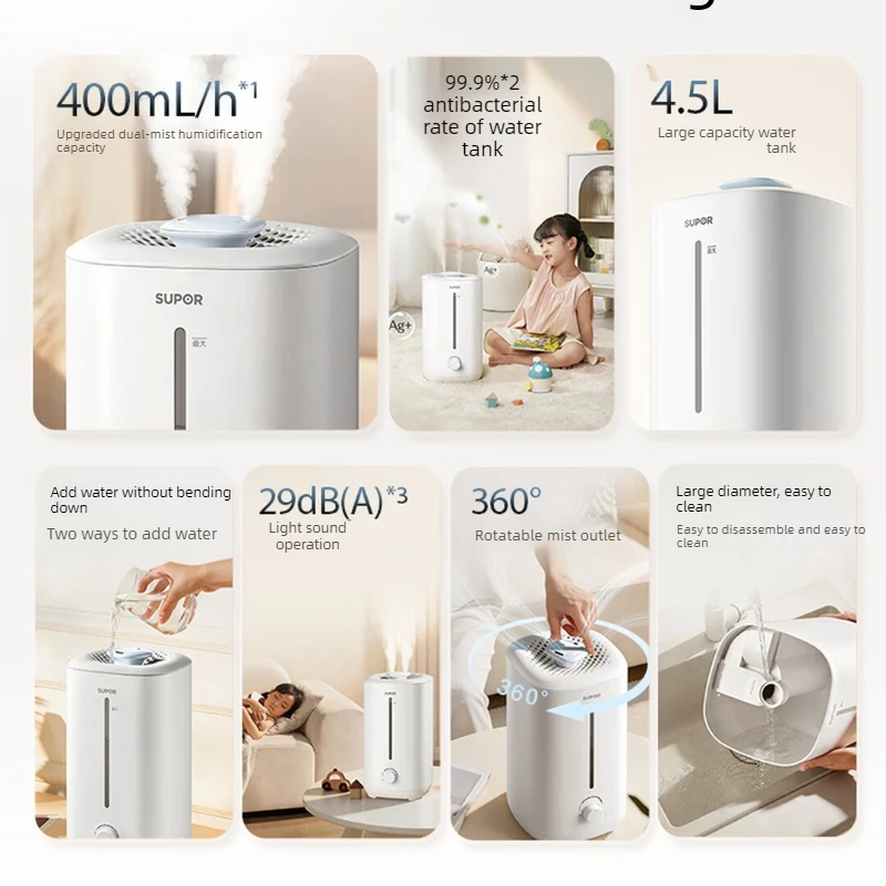 Quiet Bedroom Humidifier, 29dB(A) Operation with Silver Ions and Wide Tank Opening for Easy Cleaning at Home and in the Office