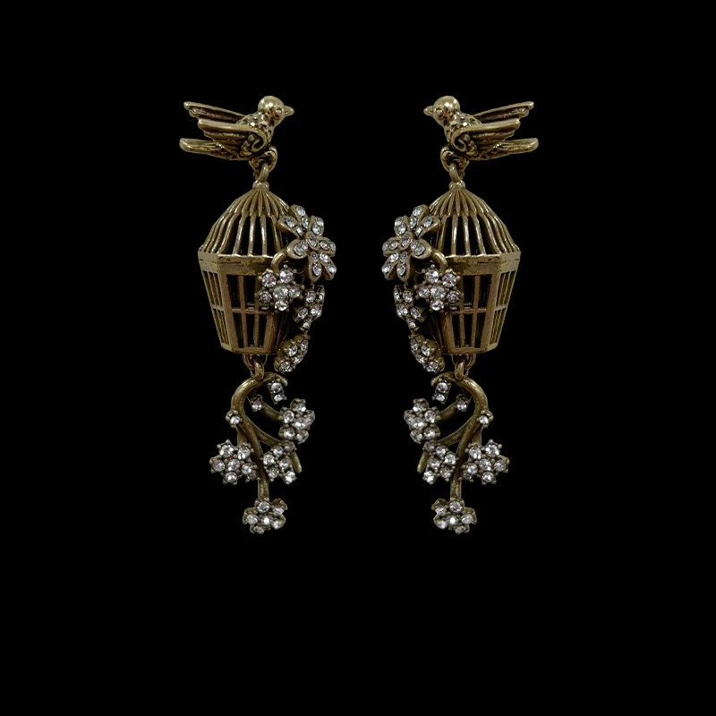 

Винтажные серьги-клетки для женщин, золотые серьги-подвески с птицами, элегантные цветочные серьги со стразами, ретро-украшения для вечеринок и свадеб, подарок