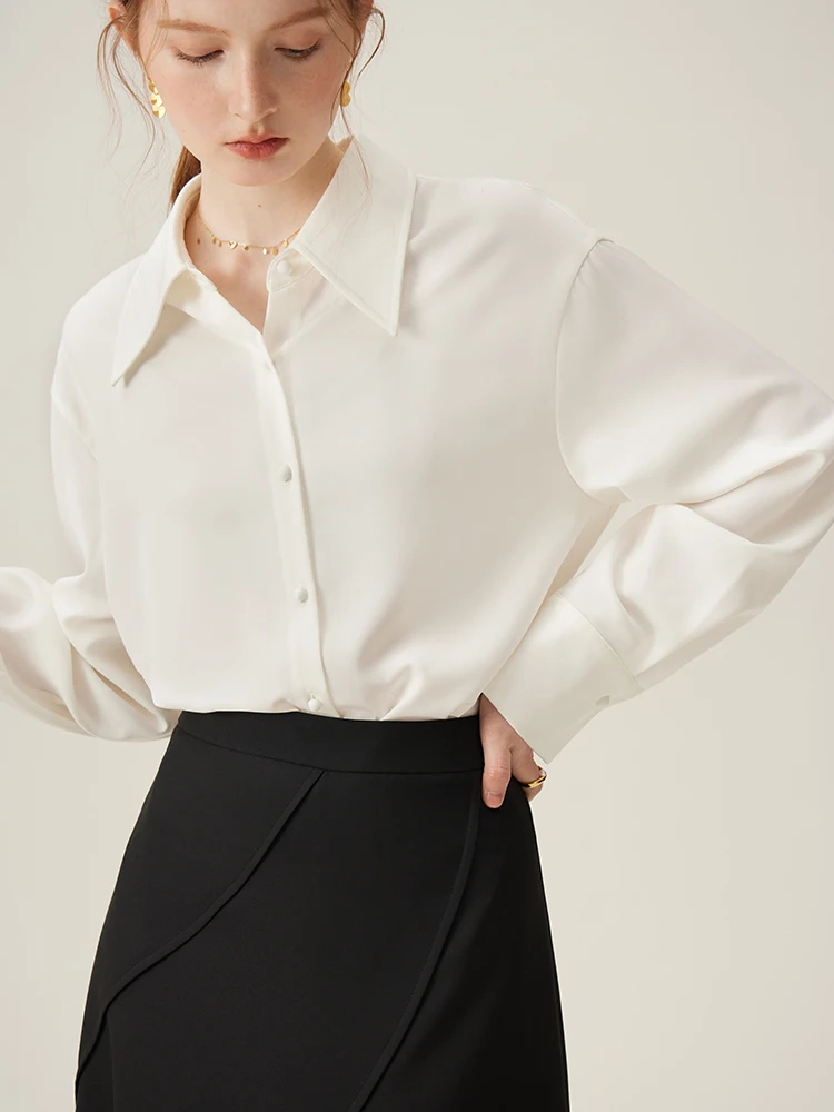 FSLE Commuter White Long-sleeved Satin Shirt for Women 2024 Spring Temperament Professional Shirt Top for Office Lady 24FS11030