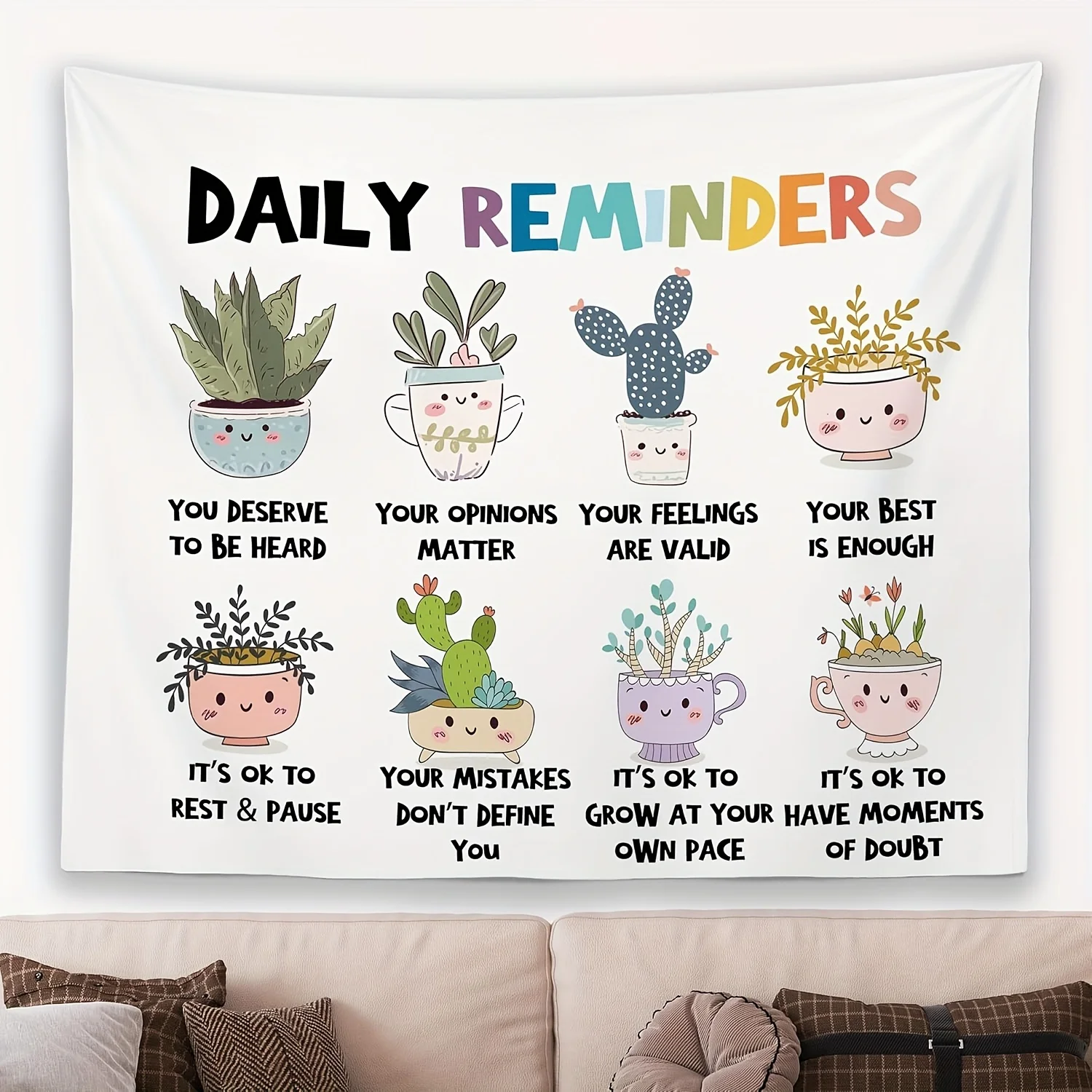 Mental Health Inspirational Wall Tapestry with Cute Cacti & Succulents - Positive Affirmations Daily Reminders for Kids, Classro