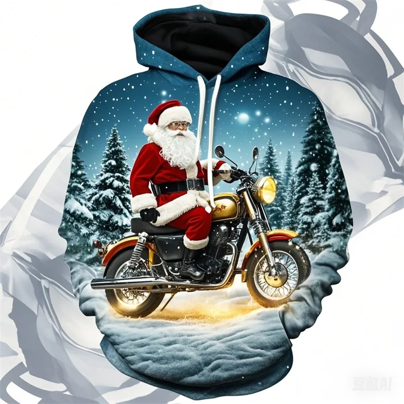 

3D Print Funny Santa Claus Riding Motorcycle Graphic Hoodies For Men Long Sleeve Plus Size Pullovers Sweatshirt Hoody Tracksuit