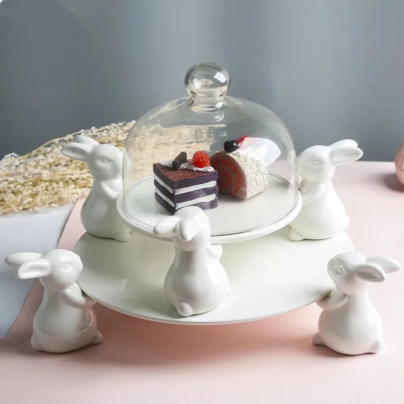 White Porcelain Rabbit Dessert Plate Household Fruit Cake Banquet Tabletop Ceramic Display Plates Cute Animal Tray