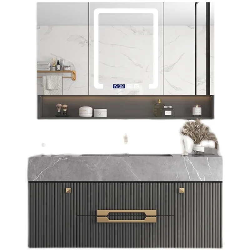 

European style grey solid wood bathroom cabinet wall-mounted vanity mirror cabinet