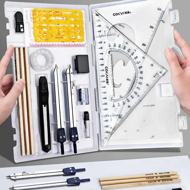 Premium Drawing Tool Ruler Set 30/45 Degree Triangle Ruler Protractor Compass Pencil Multi-Function Measurement Drafting Kit
