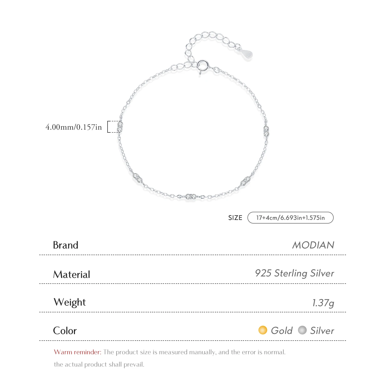 MODIAN Dazzling Zirconia Bracelets 925 Sterling Silver Link Chian Fashion Stackable Bracelet For Women Fine Jewelry
