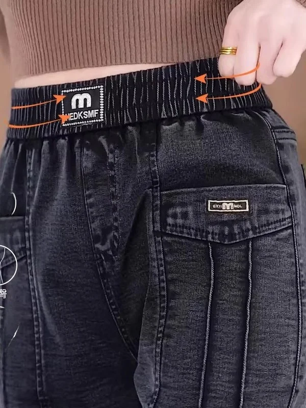 

Джинсы-шаровары женские больших размеров на резинке, с подкладкой, деним, осенне-зимние, для полных женщин, с высокой талией, прямые, облегающие, в стиле «папины джинсы»