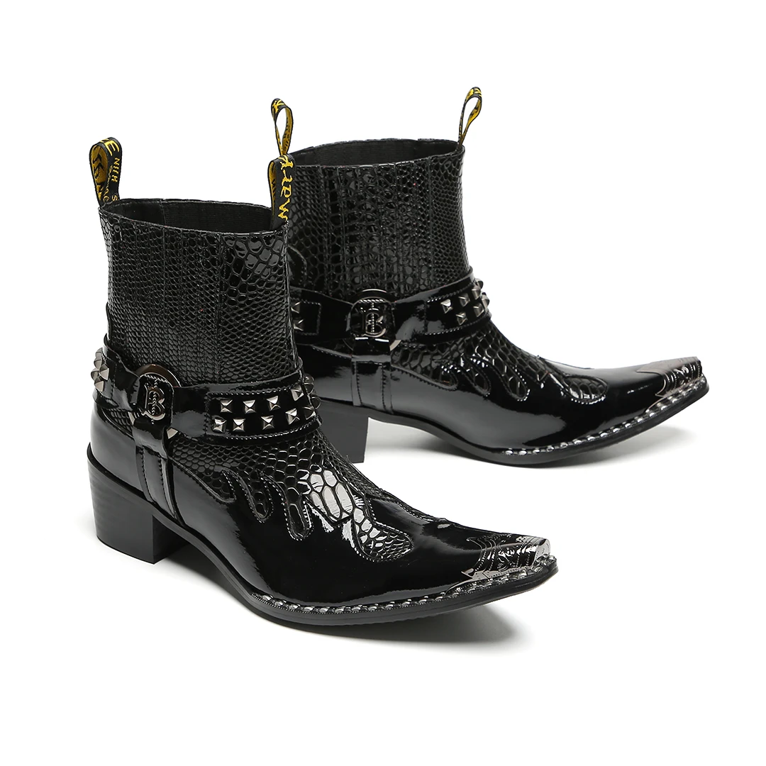 Schwarze Herren-Stiefeletten aus Schlangenleder mit Nietenbesatz, Blockabsatz, auffälliges Design, modische Schuhe für Bars, Bühnen, Streetwear und besondere Anlässe. – Detail 10