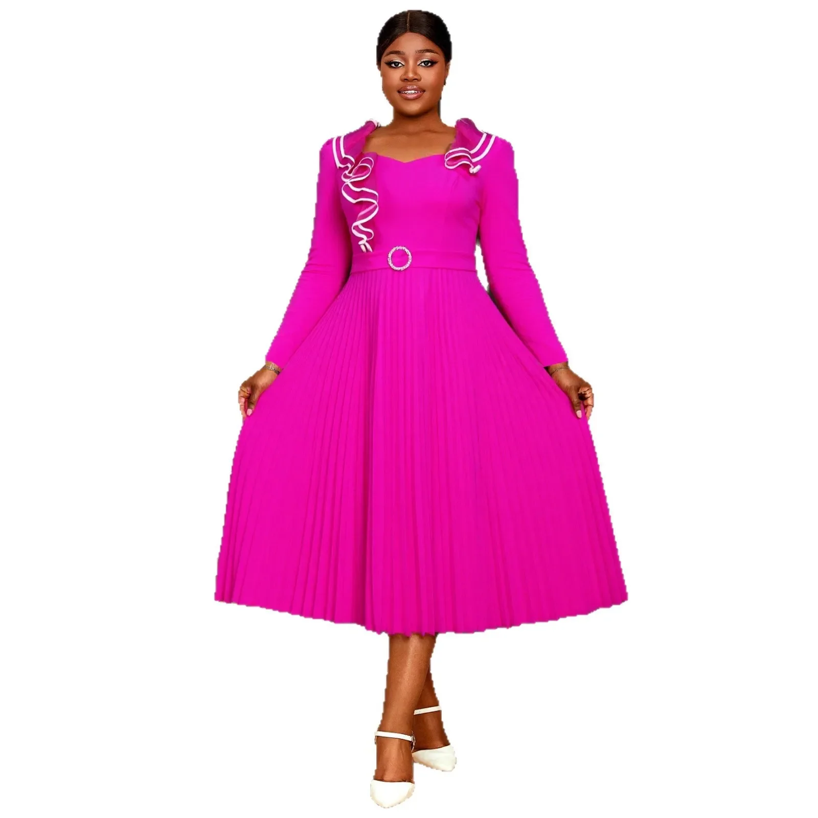 

Plus Size African Dresses for Women Dashiki Autumn African Long Sleeve V-neck Elegant Pleat Midi Dress Africa Clothing Outfits