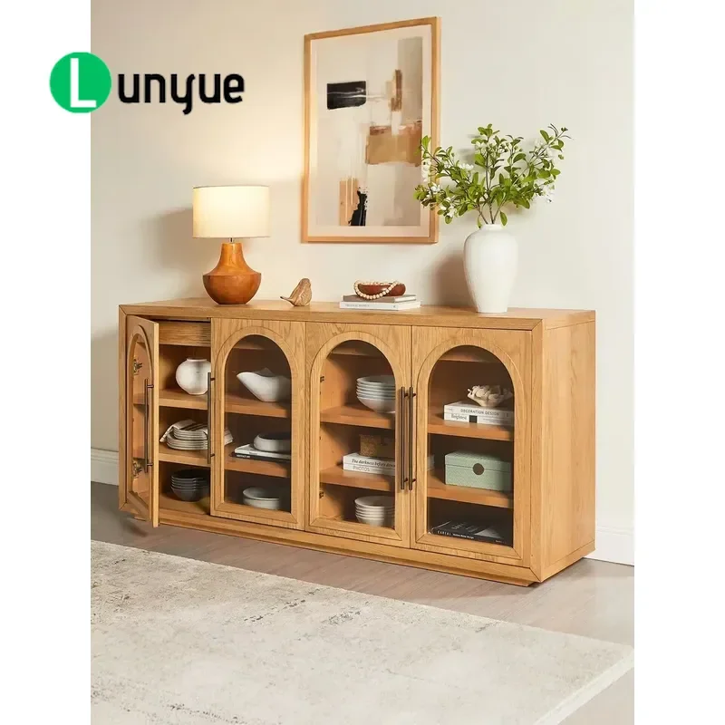 Vintage American Arched Solid Wood Dining Side Cabinet Imitation Old Entrance Table Living Room Kitchen Locker Glass Door
