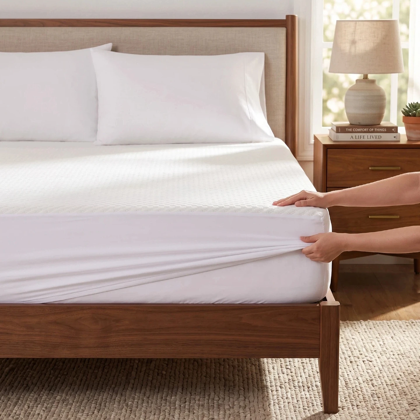 Solid Waterproof Fitted Sheet 15 Inch Deep Pocket Ultra Soft Elastic Bed Mattress Protector Cover Wrinkle‑Resistant Bed For Standard Size Beds