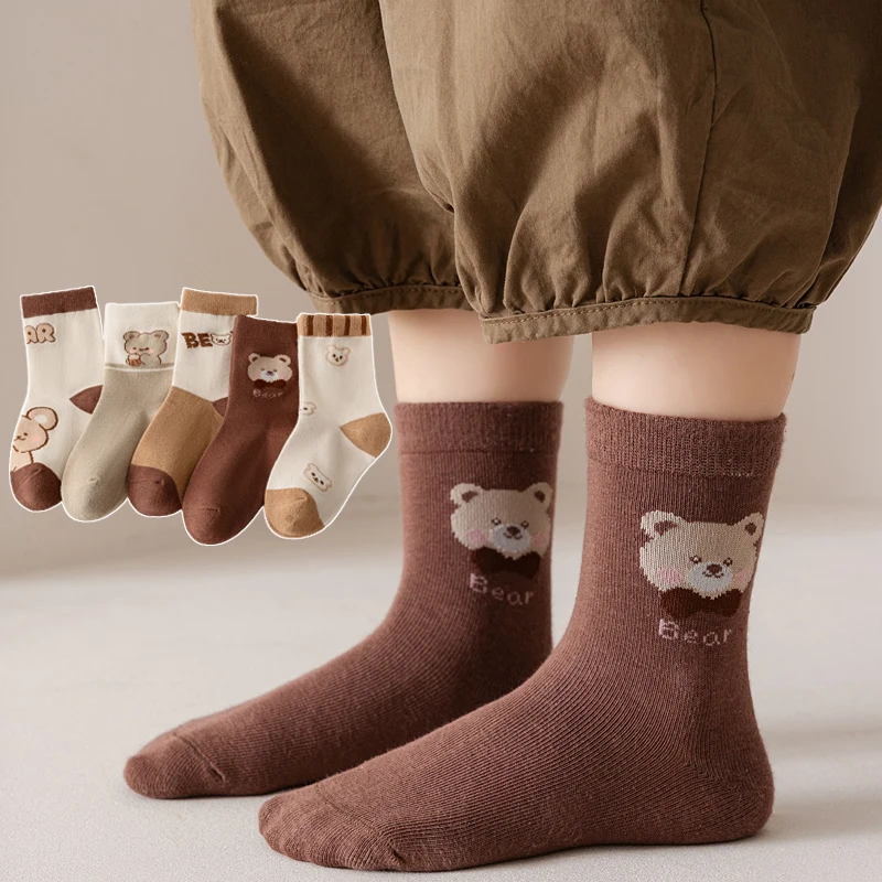 Children's Socks Spring and Autumn Pure Cotton Boys and Girls Cartoon Little Bear Mid length Socks Kids Cute Socks 5 Pairs