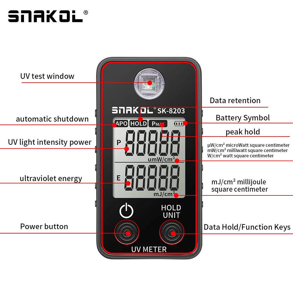 SNAKOL Digital Iluminômetro UV, Profissional Tester UV, Medidor Ultravioleta, Medição Ub, Fotômetro portátil, Detector