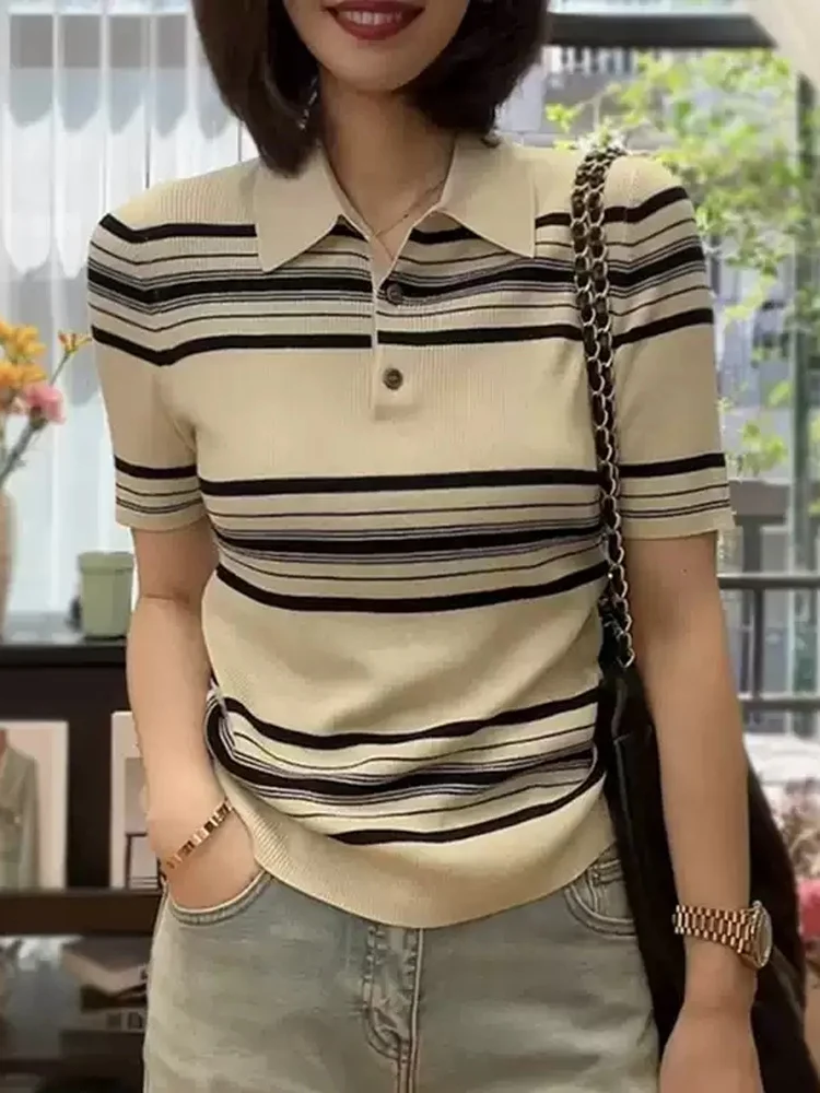 التخسيس فضفاضة تناسب المرأة Ne مخطط ort Sve محبوك تي شيرت الصيف Faion مكافحة الشيخوخة الكورية Sle ملابس داخلية