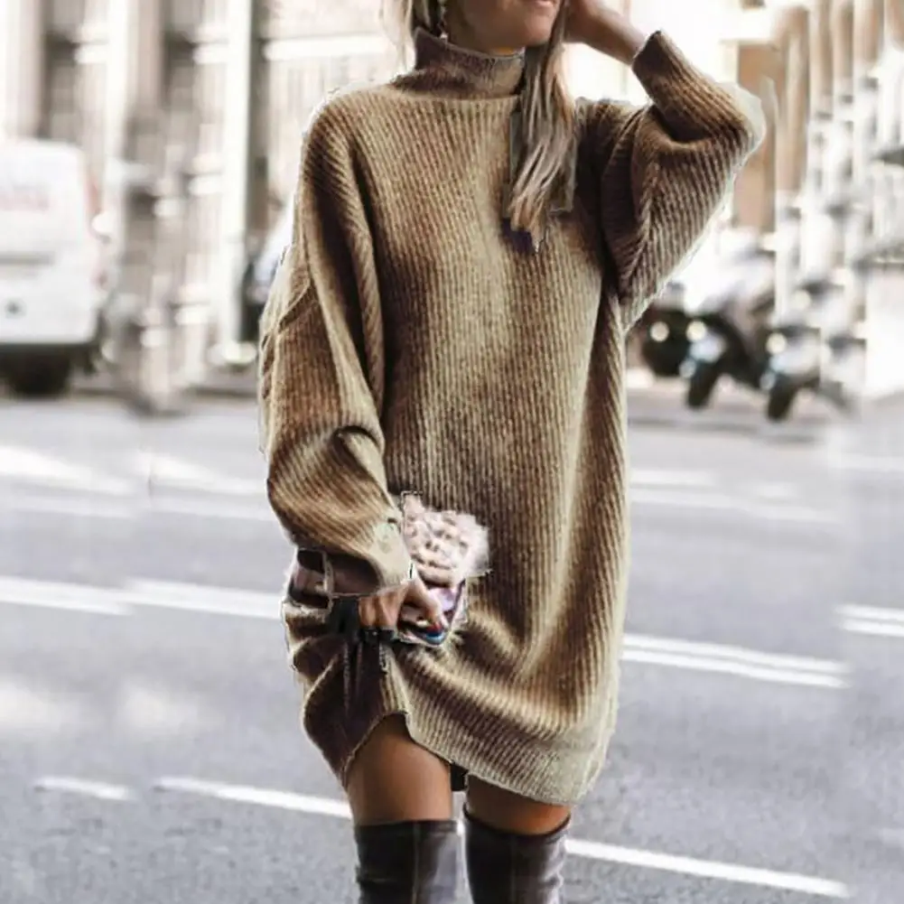 Knitting Dress Thick Winter Dress Batwing Long Sleeves Temperament Solid Color Loose Knitted Casual Midi Dress Coldproof