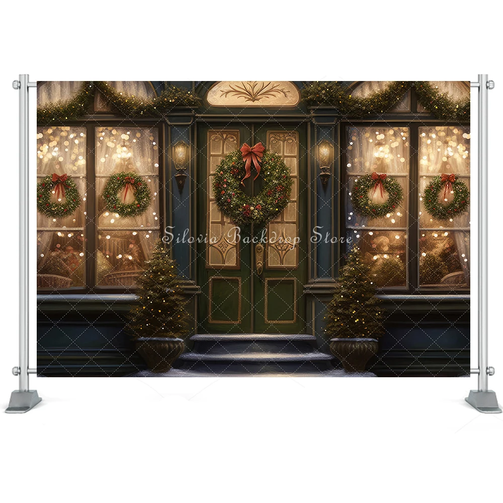 Downtown Christmas Storefront Photo Background Kids Adult Photography Backdrops Xmas Tree Lights Photocall Photo Studio Props