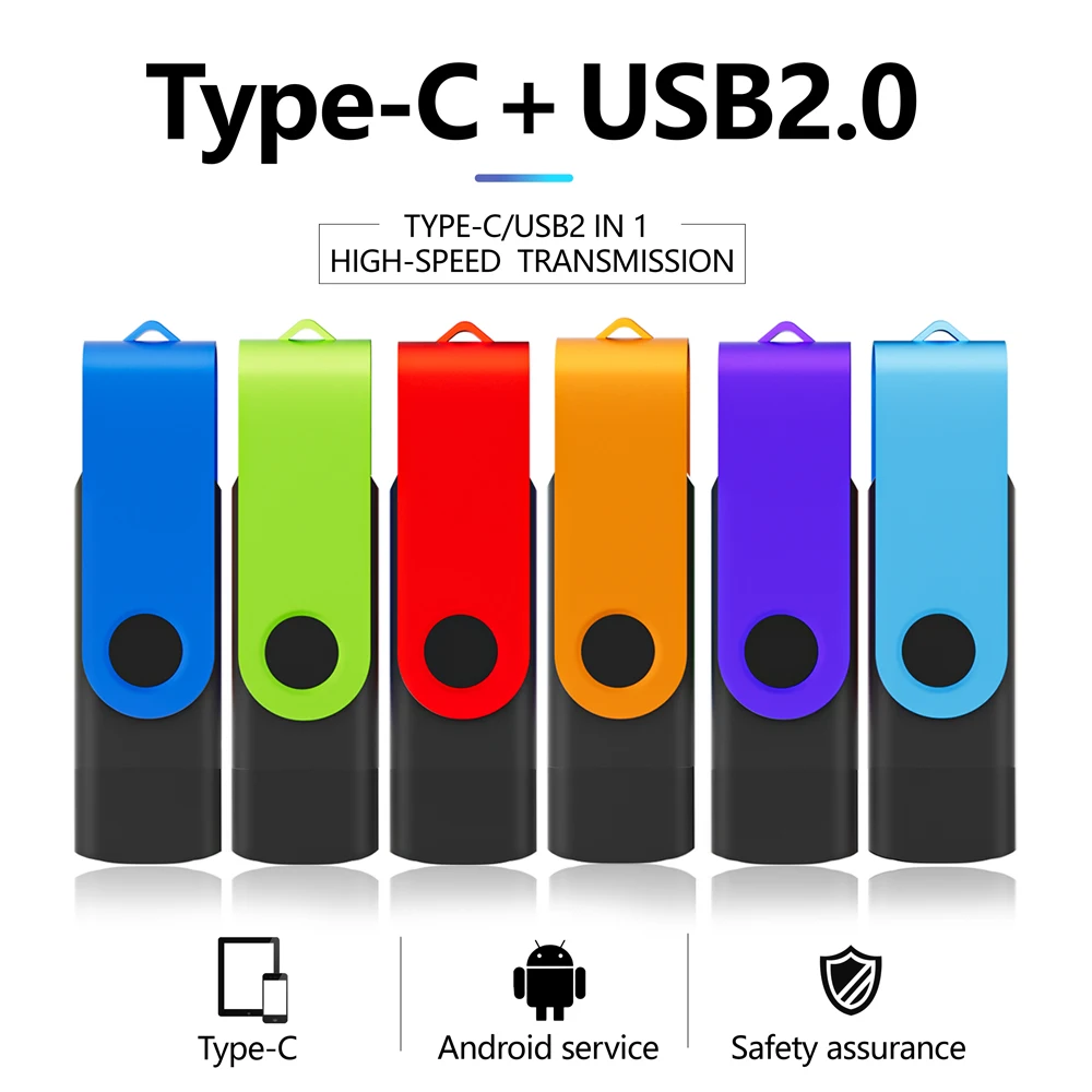

New TYPE-C 2 IN 1 USB2.0 Flash Drive 16GB Pendrive 128GB Memory Stick 64GB Real Capacity 32GB 4GB 8GB USB Disk Free Key Chain
