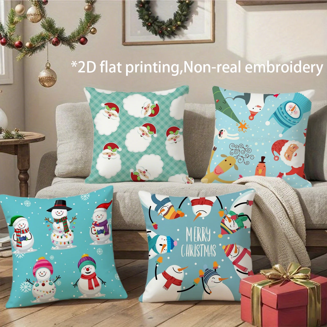 Christmas Cute Snowman Santa Pillow Covers Pattern Cushion Cover Suitable for Sofa Bedroom Car Pillow Cover