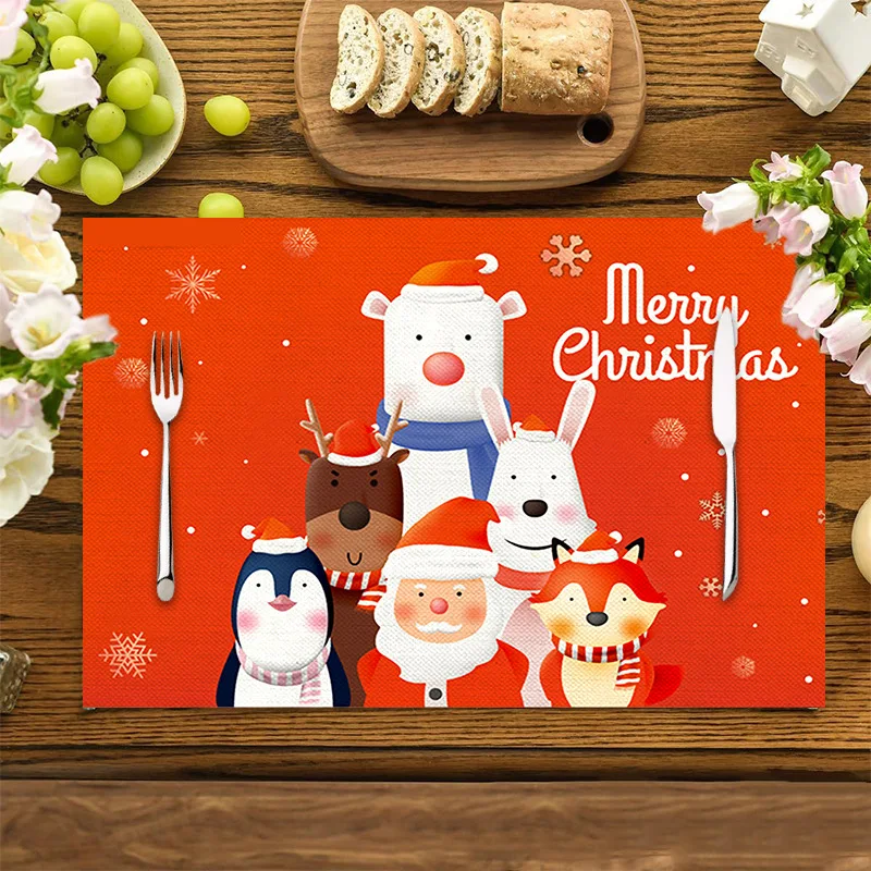 Mode Neue Weihnachten Tischset Leinen Wärmedämmung Matte Santa Schneemann Platz Geschirr Tisch Matte Tischdecke Matte