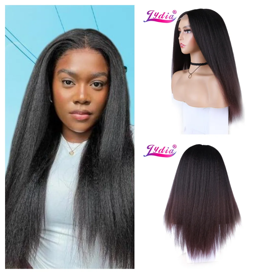 ليديا طويل غريب مستقيم الاصطناعية الدانتيل رئيس خط الباروكات النساء السود 2*5 مقاومة للحرارة اليومية والحفلات 20 بوصة الجانب الحرة ياكي كامل