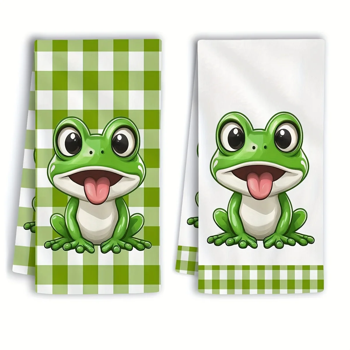 2-Pack of modern polyester kitchen towels, super soft knitted fabric, cartoon frog gingham design, hand wash only
