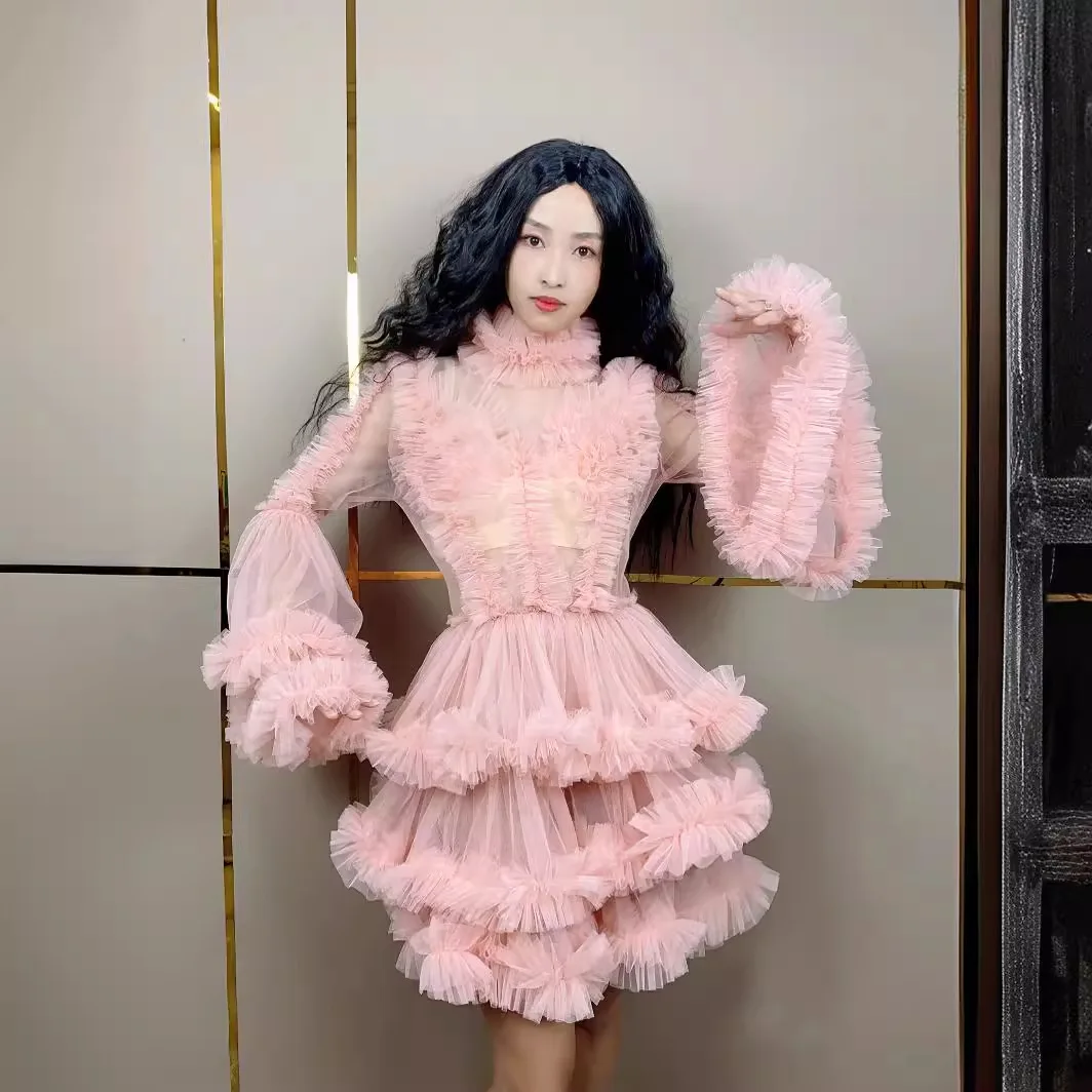 Mesh Bubble Sleeves Girl Heart Tutu Skirt Waist High Neck Long Sleeves Birthday Party Stage Host Evening Dress Prom Dress Luxury