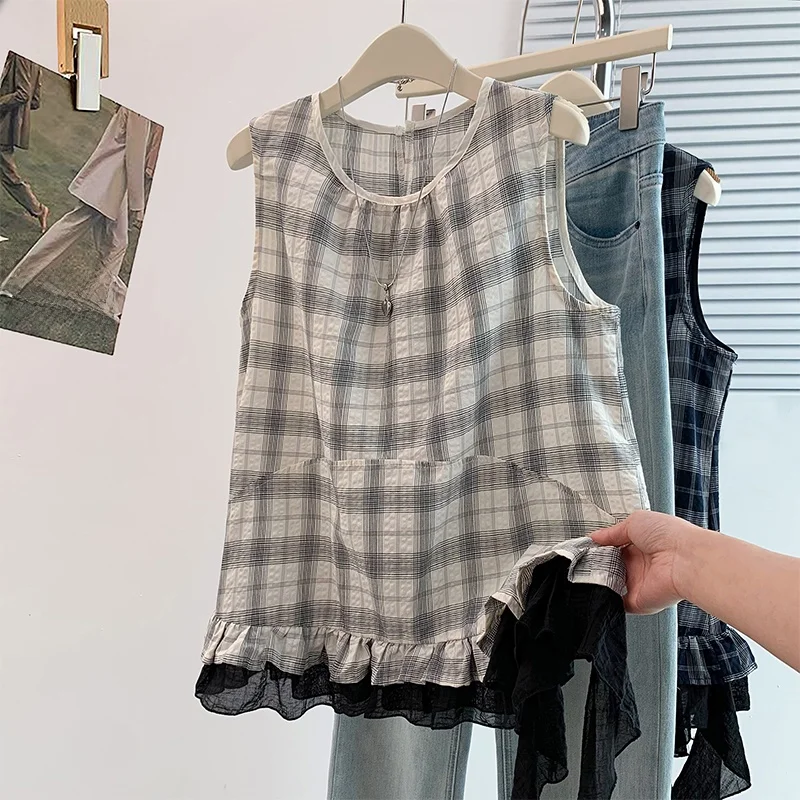 

High-End Large Size Women's Shirt Brand Summer New Plaid Base Shirt Sleeveless Vest T-Shirt Artistic Commute Style Regular Le...