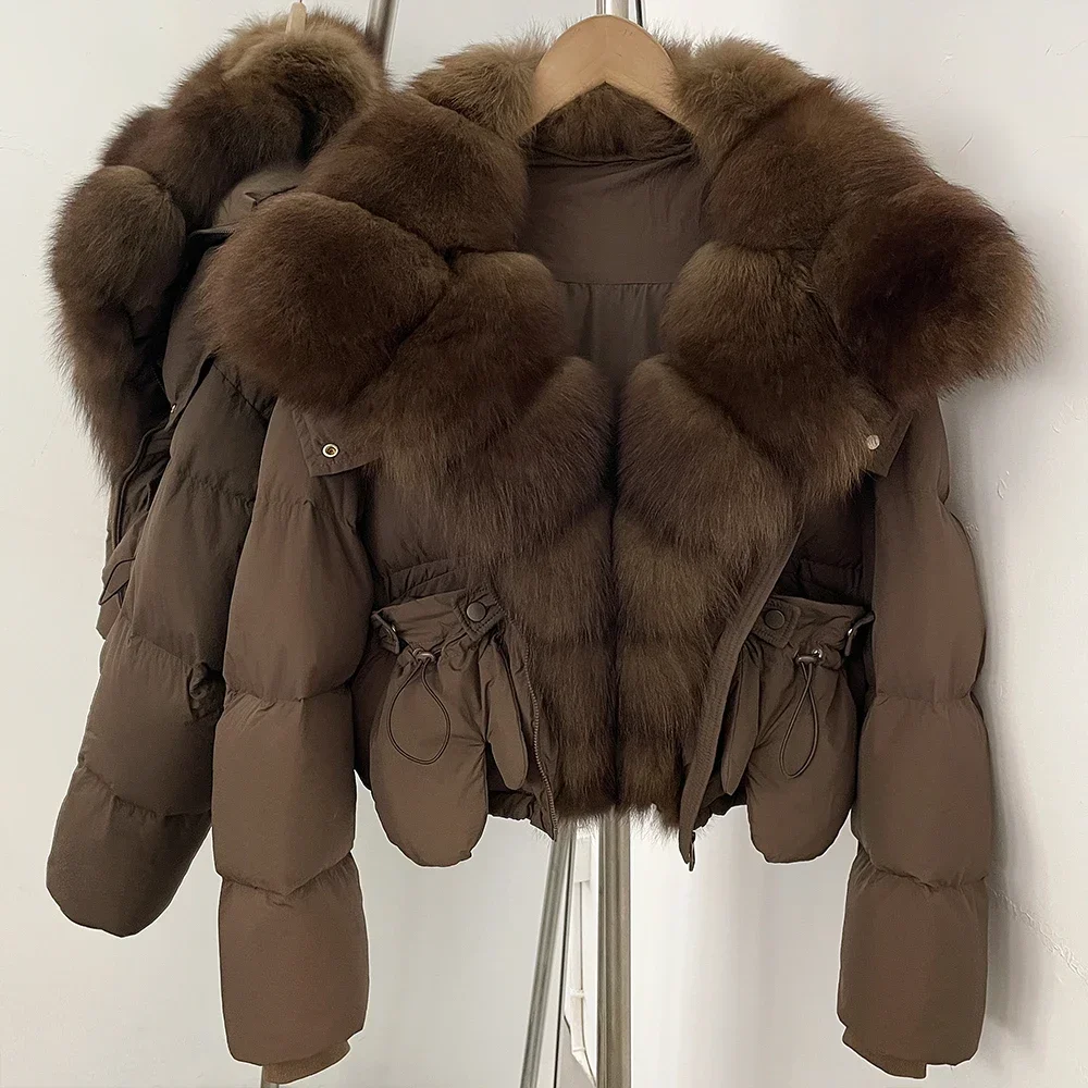 OFTBUY Damen-Daunenjacke mit Kapuze, kurze Oberbekleidung mit abnehmbaren Handschuhen, Reißverschluss, echtes Fell, Daunenjacke mit echtem Fuchsfell – Detail 29