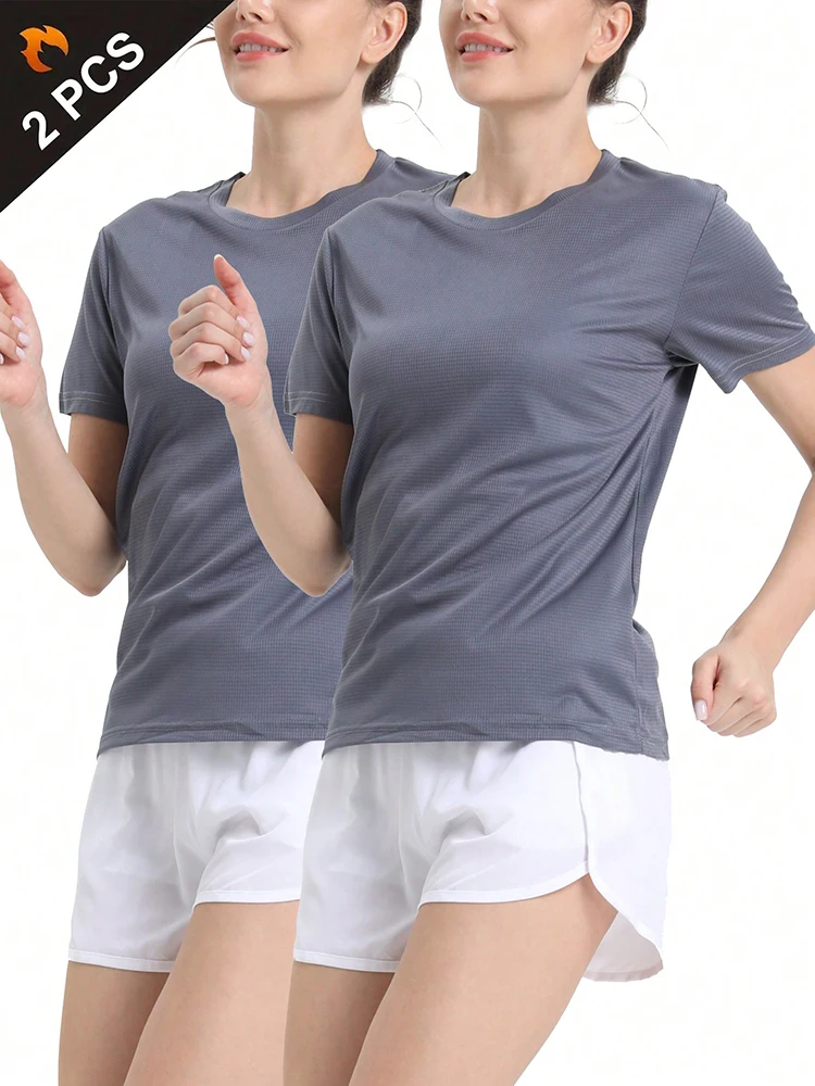 2Pcs Women\'s Solid Color Ultralight Quick Dry Sport T-Shirt, Breathable Lightweight Top For Fitness Training Workout Running Gym
