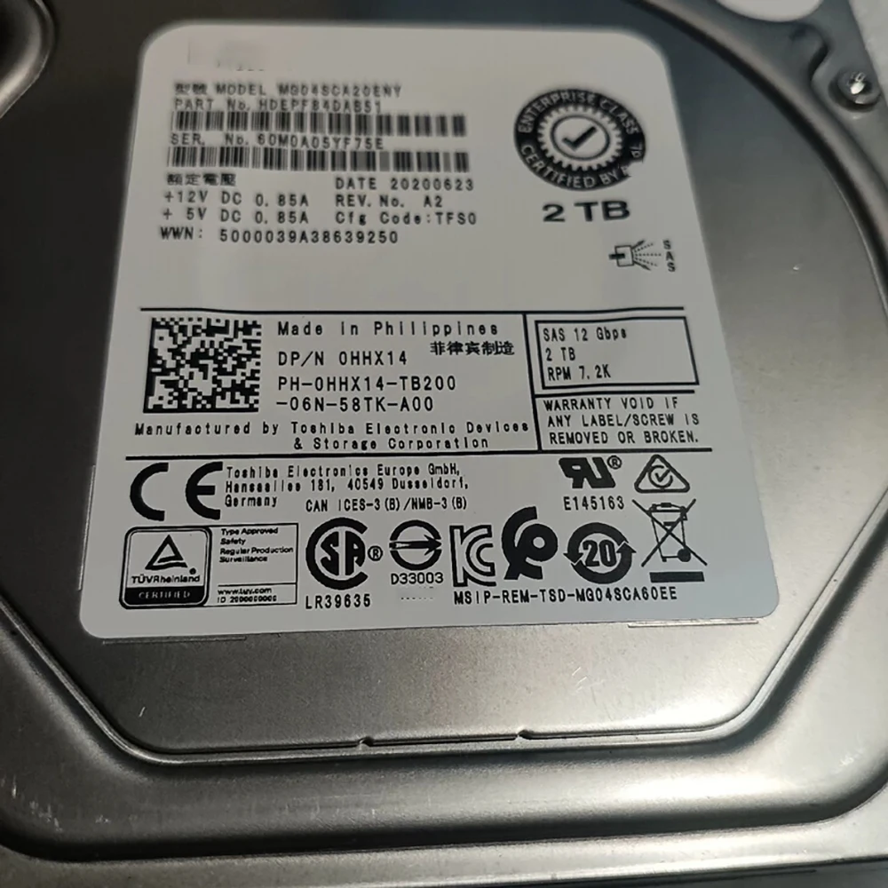 

Для серверного жесткого диска Dell 2T SAS 12 ГБ 3,5 дюйма 0HHX14 MG04SCA20ENY