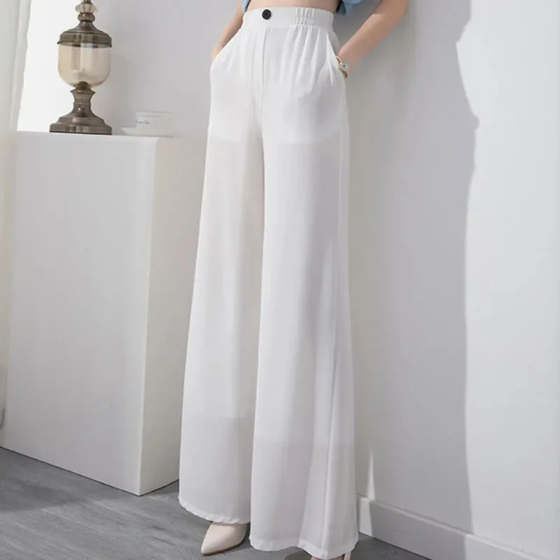 Nice Women Skirt Pants See-through Chiffon Double Layers Split Hem High Elastic Waist Loose Wide Leg Mid-calf Length Cropped Pan