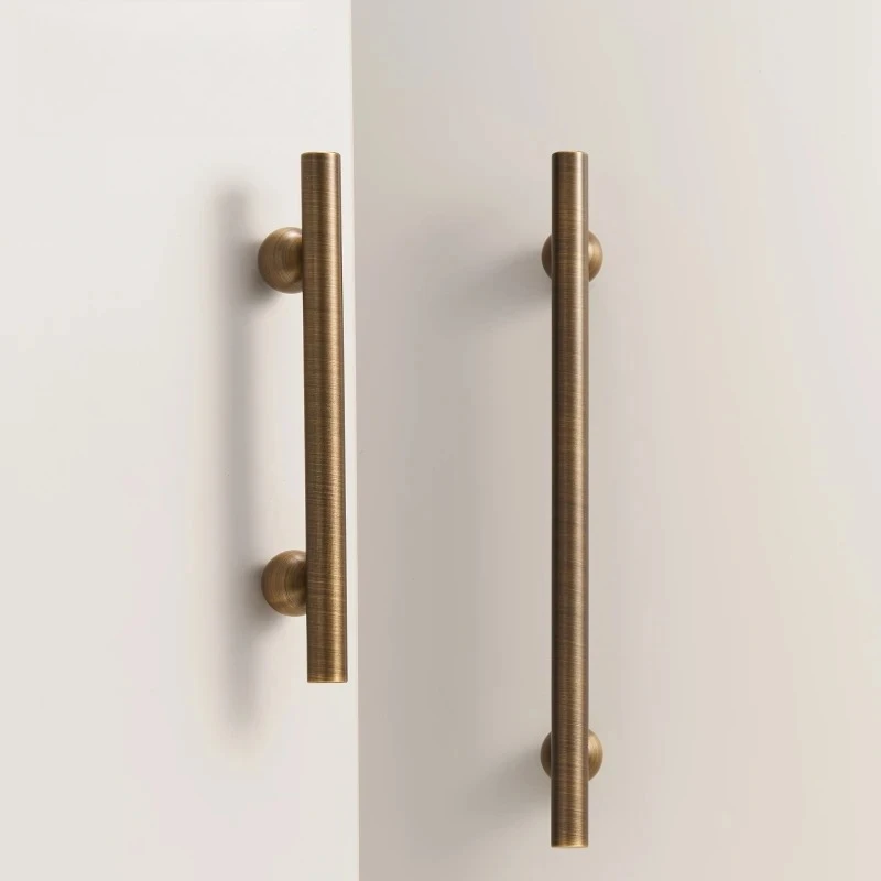 Solid Brass T‑Bar Cabinet Pulls, Antique Brass Long Door Handle with Ball Feet for Kitchen Cloakroom Wardrobe
