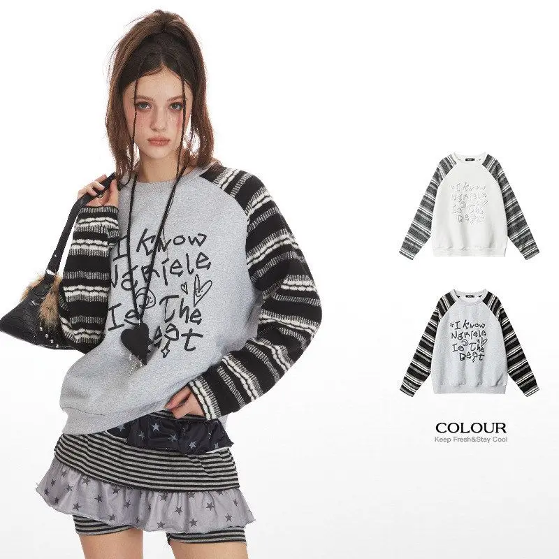 HeyHenry2025 Retro Harajuku Dames Losse Kleur Blo Casual Lange Sve Ronde Ne Sweatshirt Gedrukt Herfst Winter