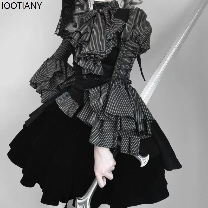 

2025 Japanese Gothic Diablo Striped Lolita Style Skirt Sets Women Sweet Bow Striped Blouse Fluffy Cake Skirts Fashion Jk Suit