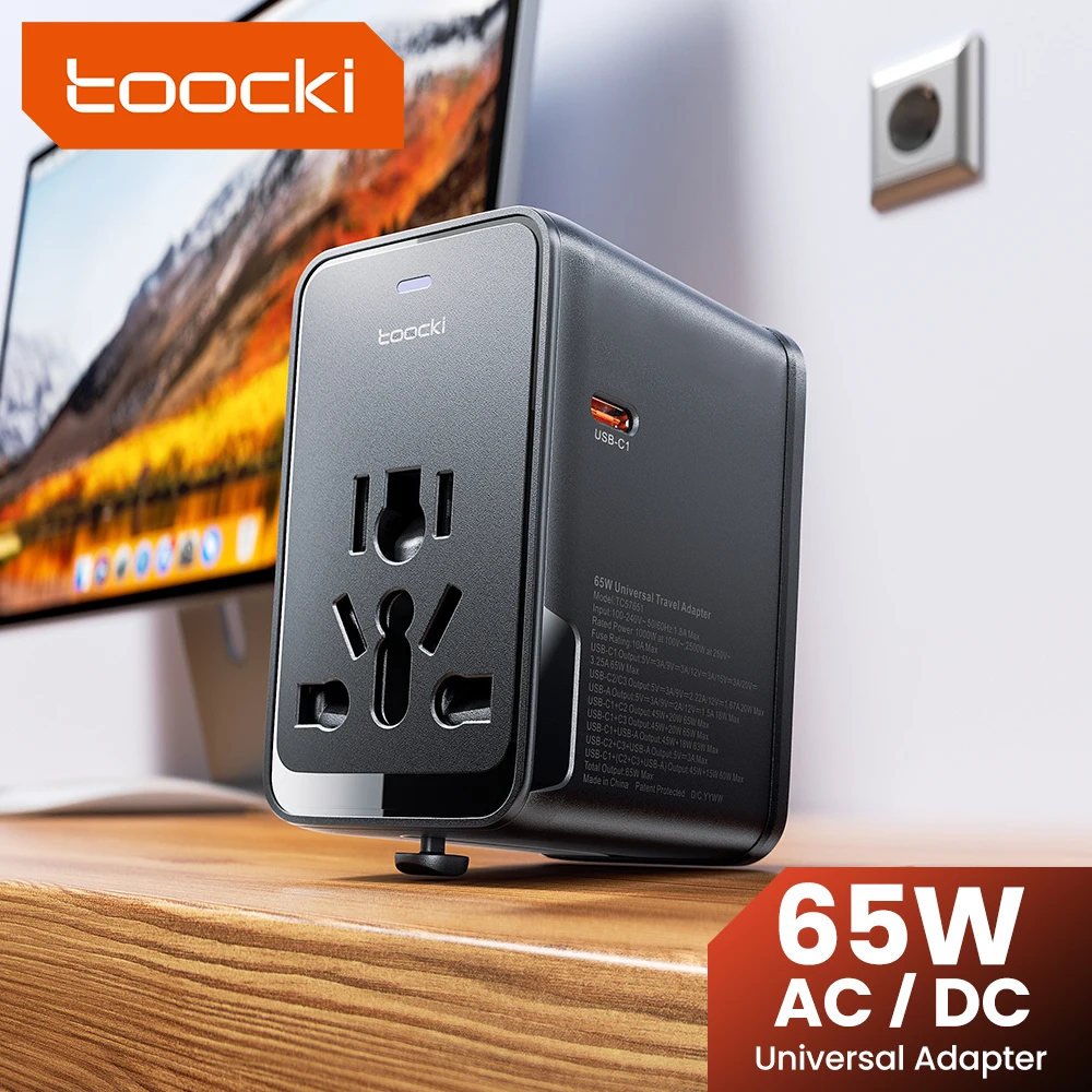 

Универсальный дорожный адаптер Toocki 65 Вт с выдвижной вилкой, светодиодная подсветка, зарядное устройство GaN для быстрой зарядки, USB Type-C, ЕС/Великобритании/США/Австралии для путешествий