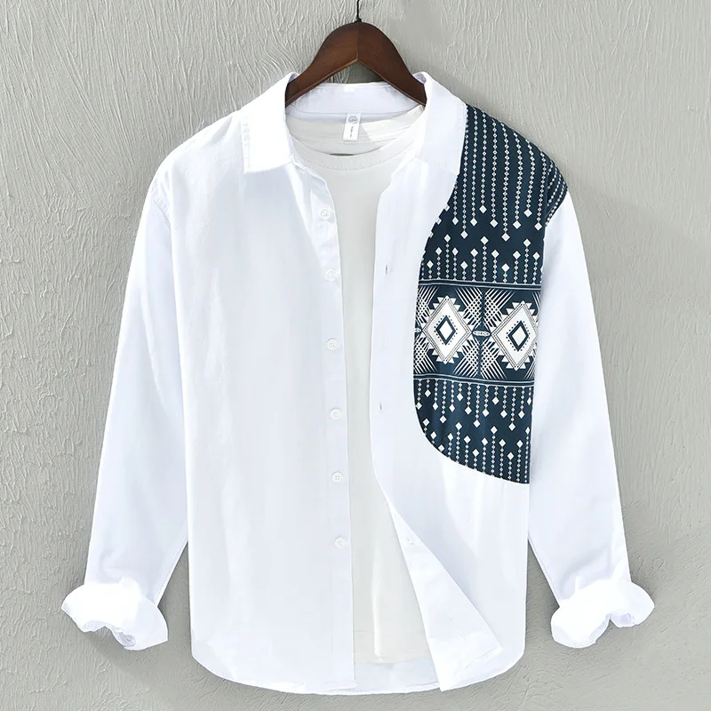 

New Pure Cotton Long Sleeve White Shirt Men Streetwear Casual Fashion Top Patchwork Printed Shirts Japanese Youth Men's Clothing