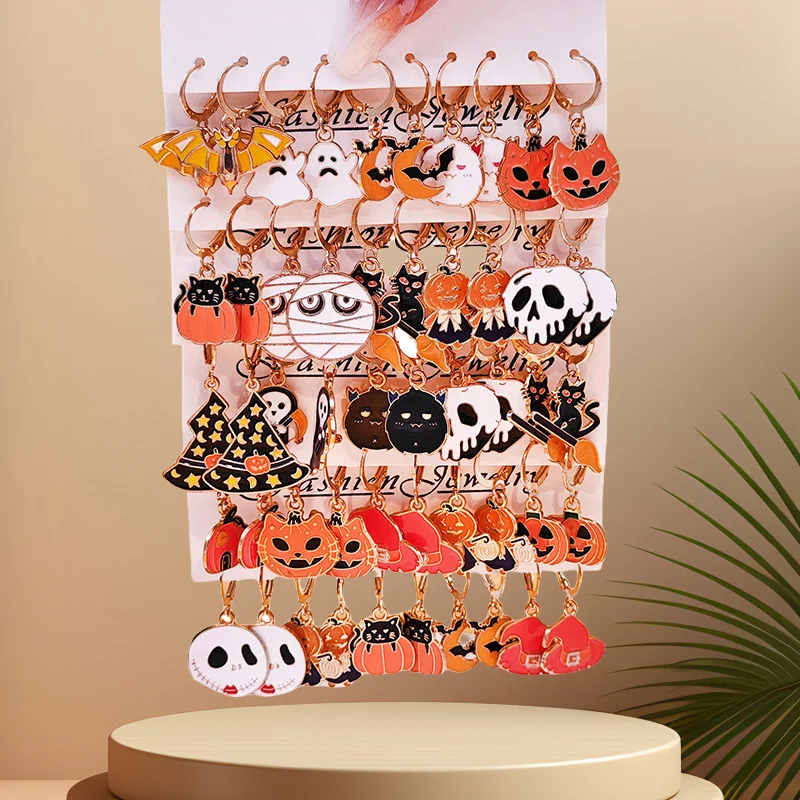 Pendientes colgantes de Halloween para mujer, conjunto de 10 piezas, colgantes de calabaza, arañas, gota de aceite, fantasma, accesorios de joyería