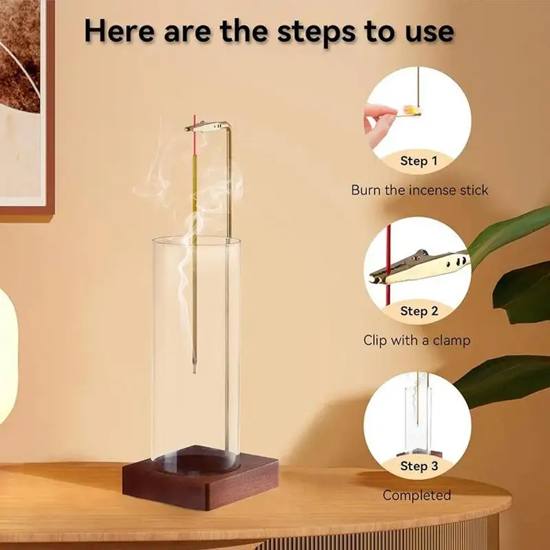 Modern Incense Burner With Glass Ash Catcher, Anti-ash Flying Incense Sticks Holder Wood Base For Home Decor