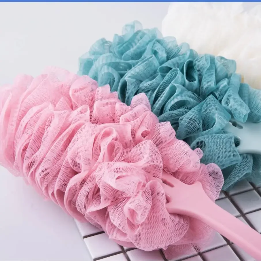 Shower Brush Exfoliating Scrubber Soft Shower Long Handle Hanging Mesh Back Body Bath Shower Scrubber Brush Sponge for Bathroom