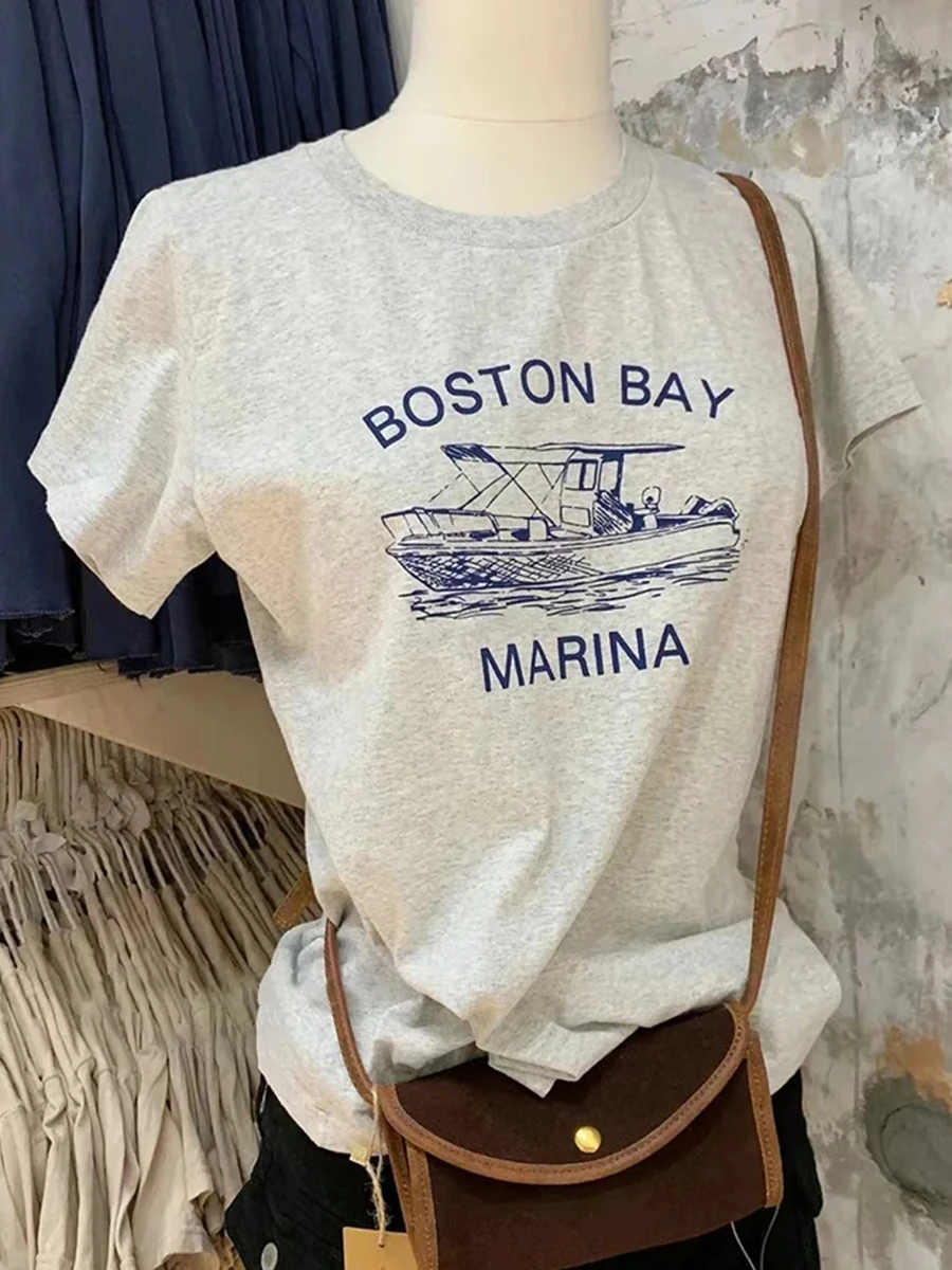 موضة إلكتروني طباعة القطن قصير الأكمام تيز المرأة الصيف رمادي ملابس الشارع الشهير بلوزات مستديرة العنق الملابس خمر شيك Y2K تي شيرت #3