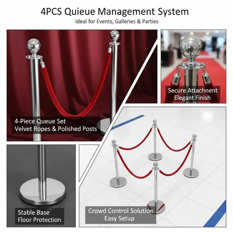 Picture 6: 4 Pcs Silver Separation Guide Posts with 2 Red Velvet Cords 1.5m, Queue Waiting Line Safety Individual Posts 96cm Height Queue Barrier for Crowd Control