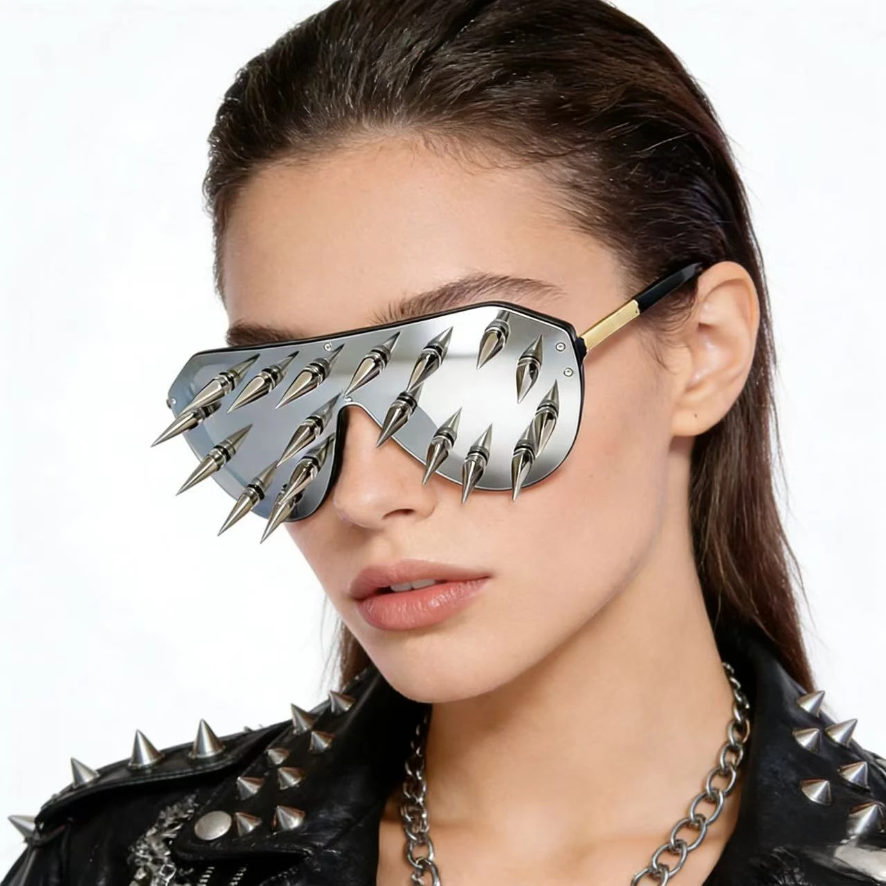 

Готические очки-маска с шипами, увеличенные зеркальные линзы с металлическими заклепками, солнцезащитные очки для панк-рок вечеринок и фестивалей, унисекс