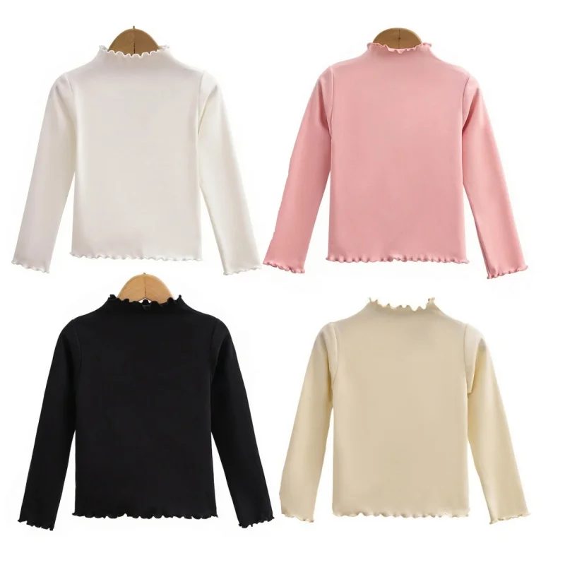 Autumn-Winter Girls Long Sleeve Solid Color T-Shirt with Ruffle Collar Girls Fashionable Comfortable Everyday Wear T-Shirt Tops
