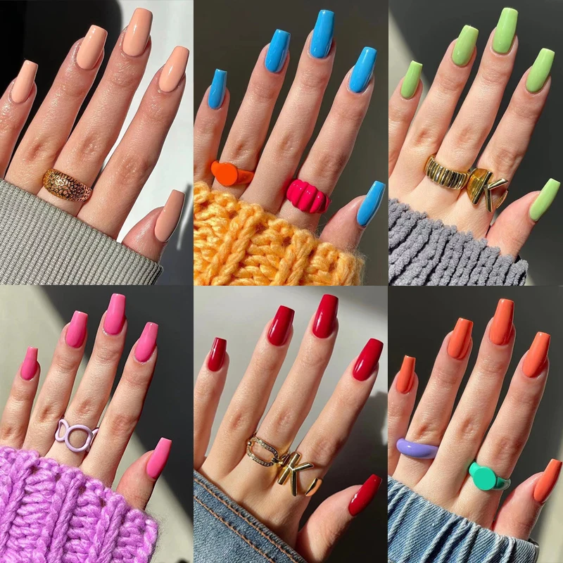 Solid Color Nail Art Detachable Red Blue Green Nude Color Short Ballet Finished False Nails Press on Nails with Glue Wholesale