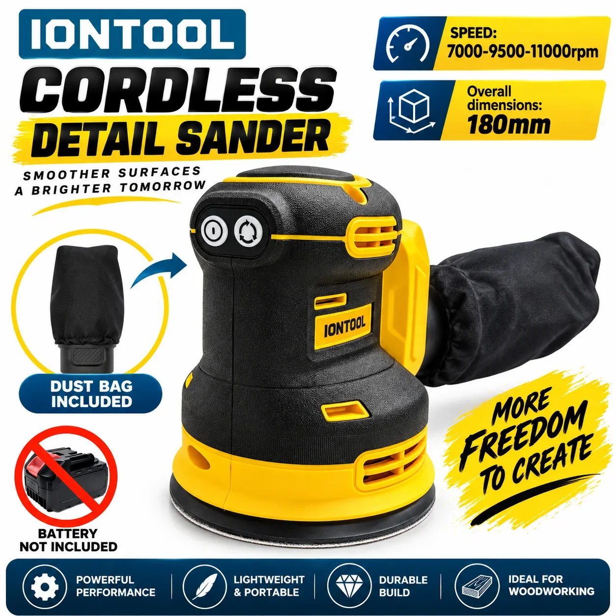 IONTOOL Portable Yellow Cordless Sander 180mm For Table Edge Sanding and Chair Leg Shaping and Bookshelf Surface Polishing