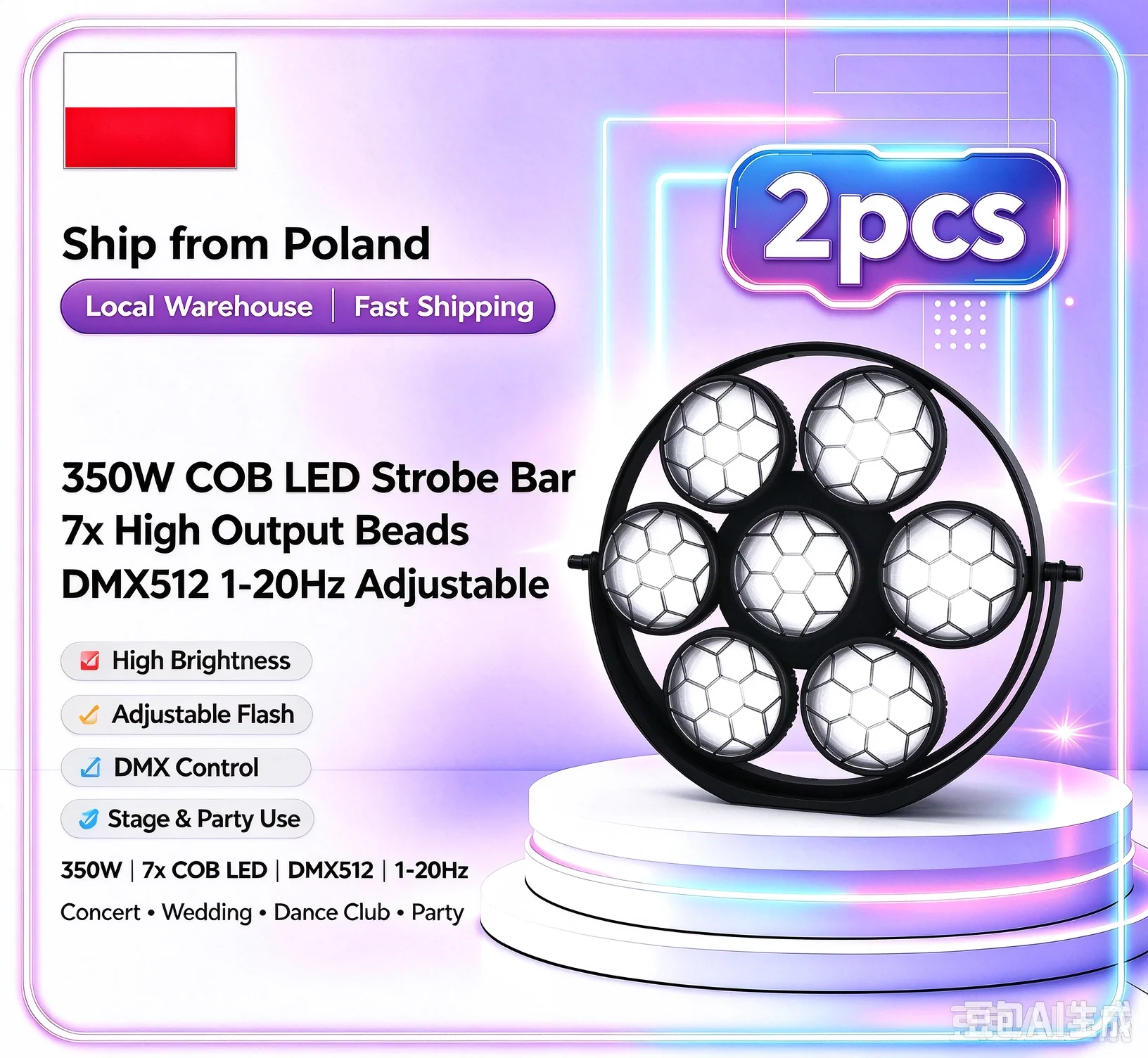 Barre stroboscopique linéaire vintage 2 pièces 350W 7-LED COB, flash réglable 1-20Hz DMX512 16/37CH pour concert, mariage, discothèque, danse