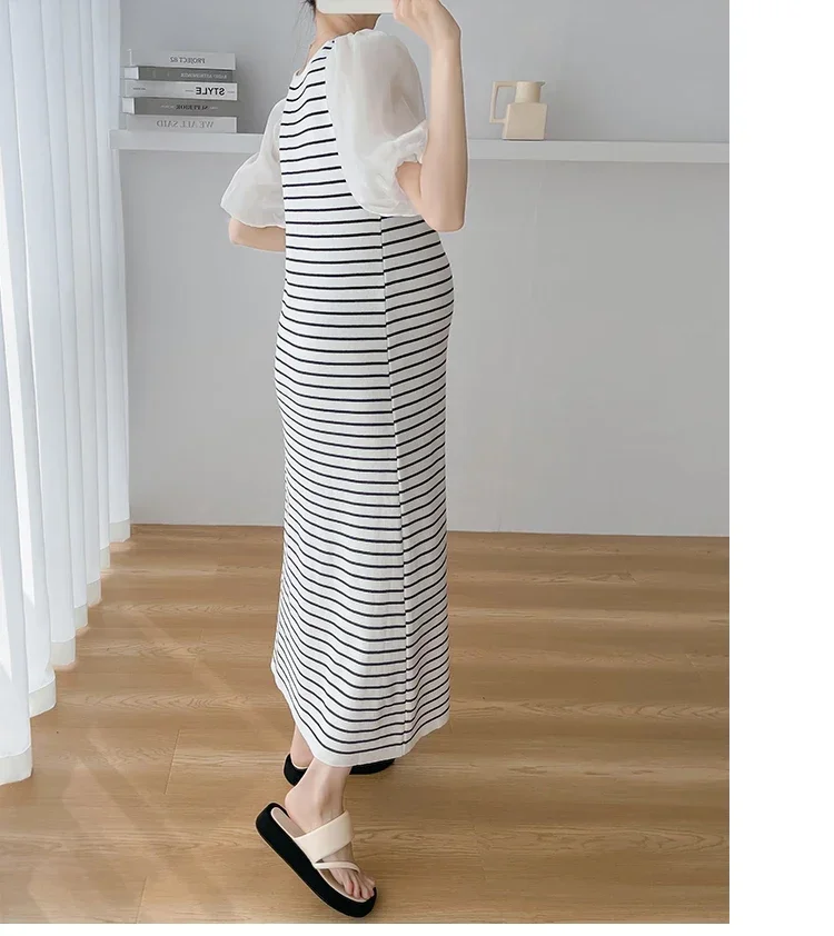 

Pregnant woman summer dress short sleeve cotton patchwork chiffon striped photography dresses puff sleeve maternity beach dress