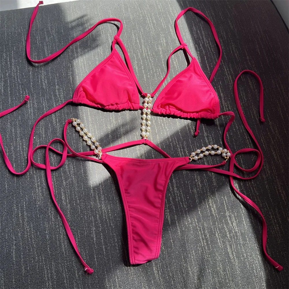 

Сексуальное бикини с бисером и открытой спиной, бандажные стринги, купальник с эффектом пуш-ап, женский купальник из 2 предметов, пляжная одежда, наряд для отпуска, купальный костюм