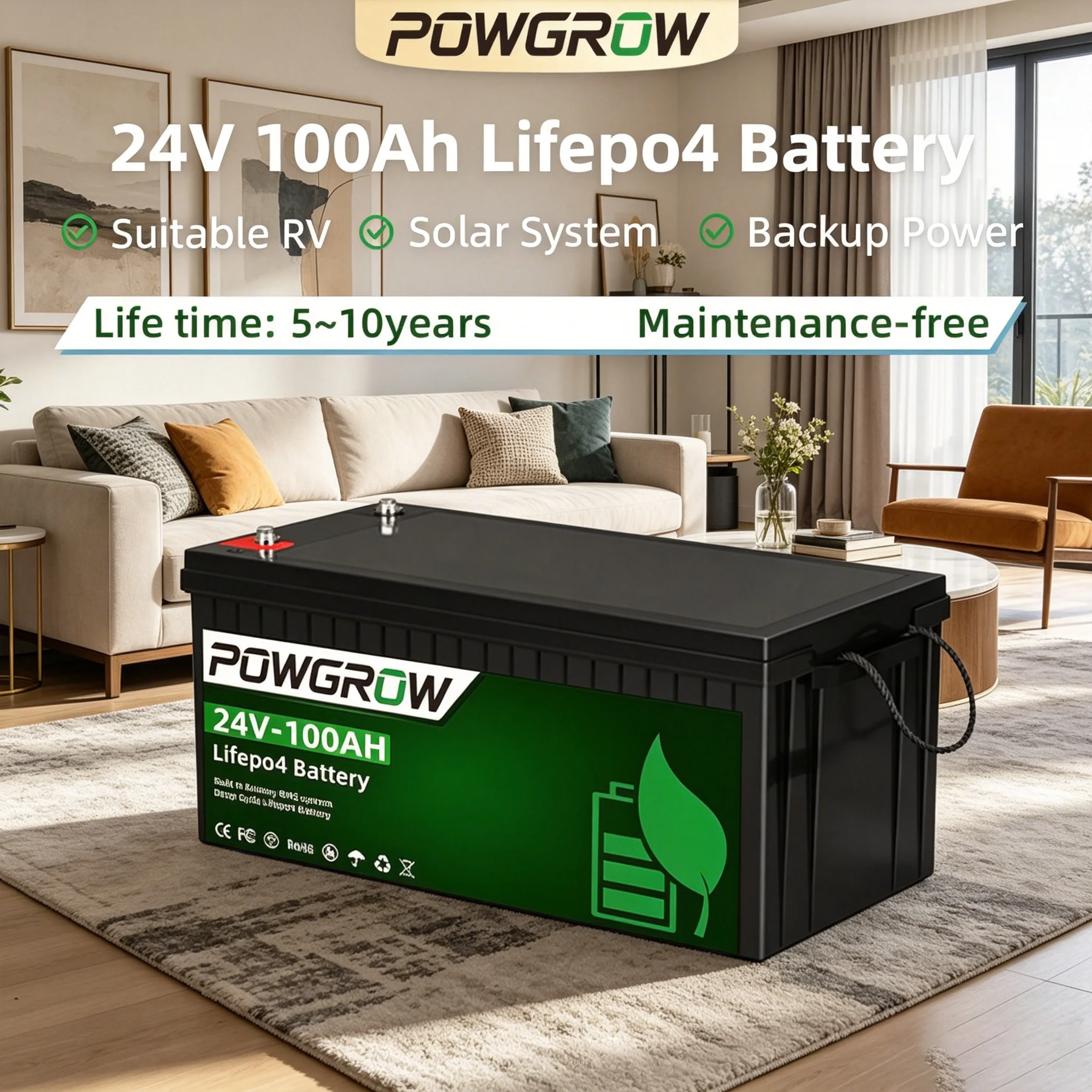 Batterie LiFePO4 POWGROW 24V 100Ah Haute Performance pour Stockage d'Énergie Domestique et Onduleurs Solaires pour Systèmes d'Énergie Renouvelable