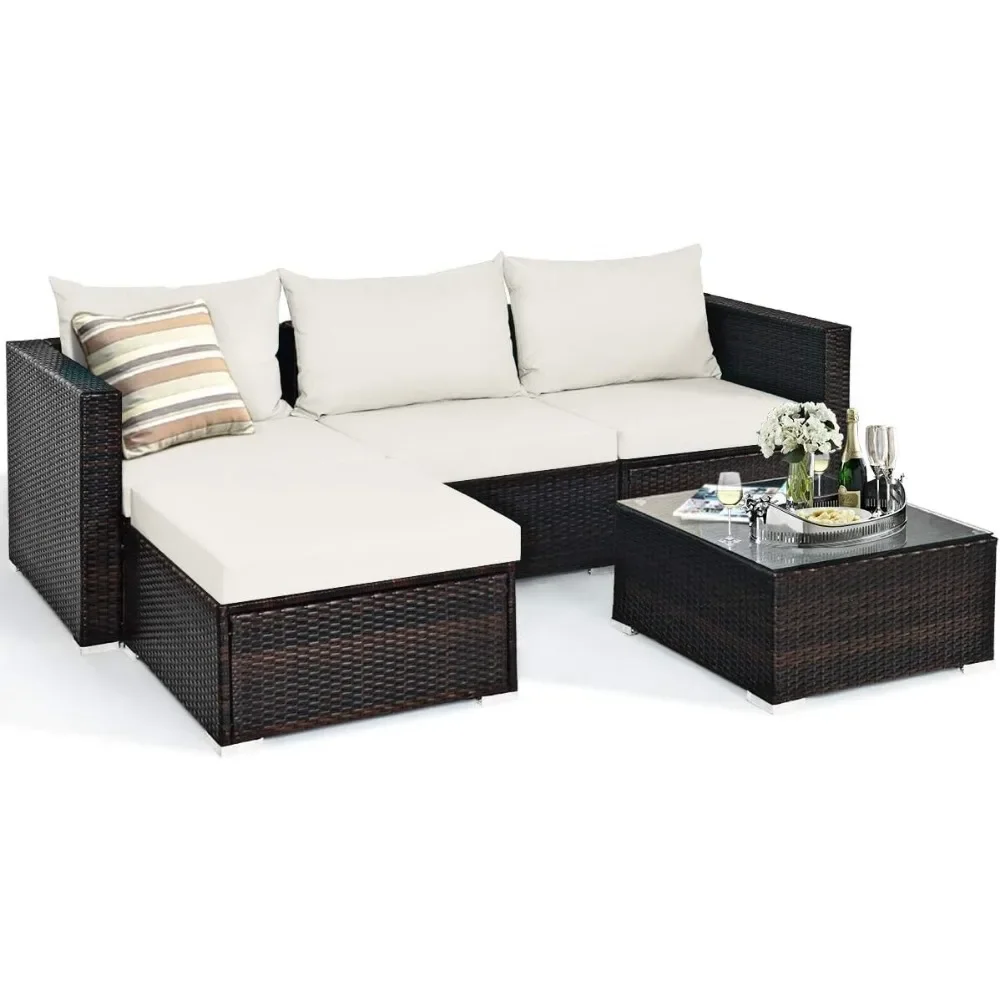 Outdoor Sofa Sets,  Sturdy Frame, Wicker Sectional Sofa Set with Glass Top Coffee Table, 5 Piece Outdoor Garden Sofas Sets