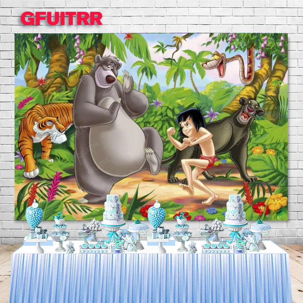 Het Jungle Boek Cartoon Achtergrond Kinderen Verjaardagsfeestje Decoratie Mowgli Beer Aangepaste Fotografie Achtergrond Cover Studio Banner